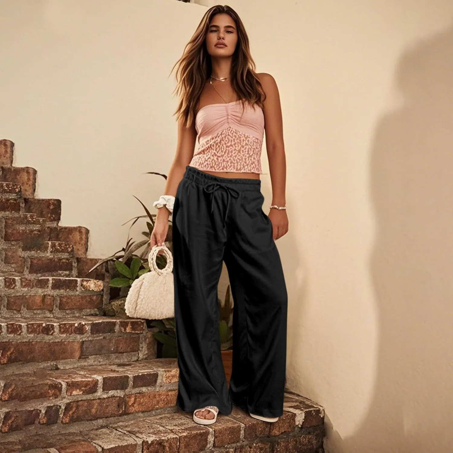 Summer Womens Flowy Pants Linen Loose Wide Leg Elastic Waist Palazzo Pants Casual Trendy Straight Leg Clothes Pockets