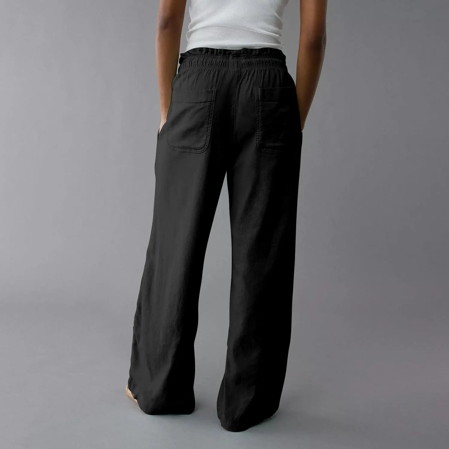 Summer Womens Flowy Pants Linen Loose Wide Leg Elastic Waist Palazzo Pants Casual Trendy Straight Leg Clothes Pockets