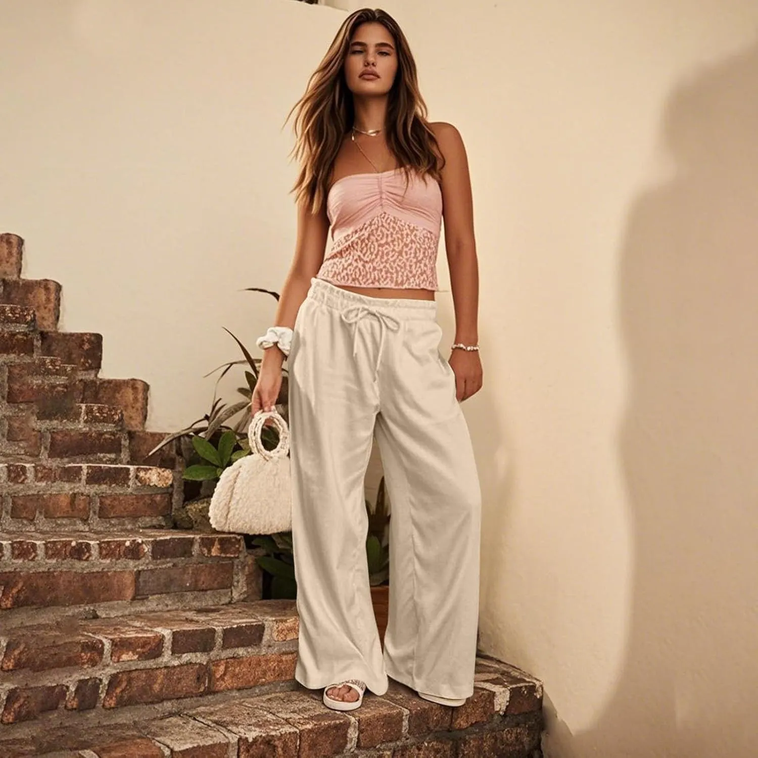 Summer Womens Flowy Pants Linen Loose Wide Leg Elastic Waist Palazzo Pants Casual Trendy Straight Leg Clothes Pockets