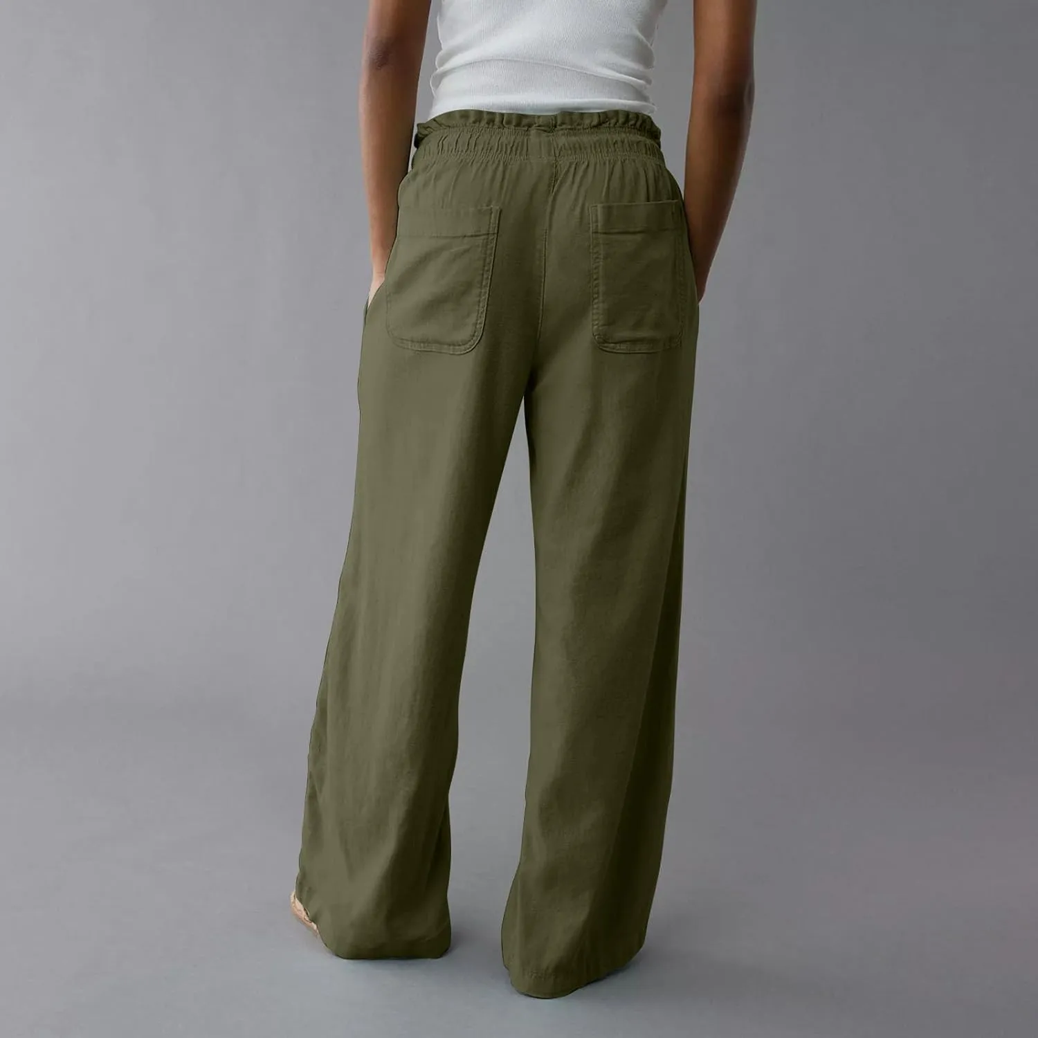 Summer Womens Flowy Pants Linen Loose Wide Leg Elastic Waist Palazzo Pants Casual Trendy Straight Leg Clothes Pockets