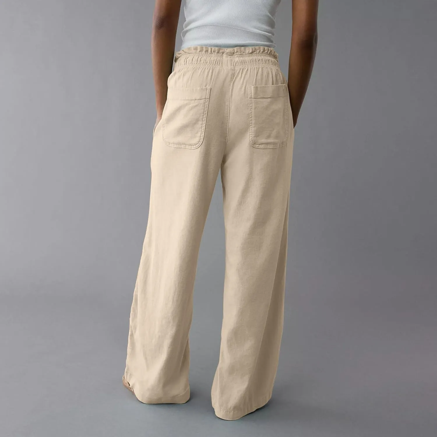Summer Womens Flowy Pants Linen Loose Wide Leg Elastic Waist Palazzo Pants Casual Trendy Straight Leg Clothes Pockets