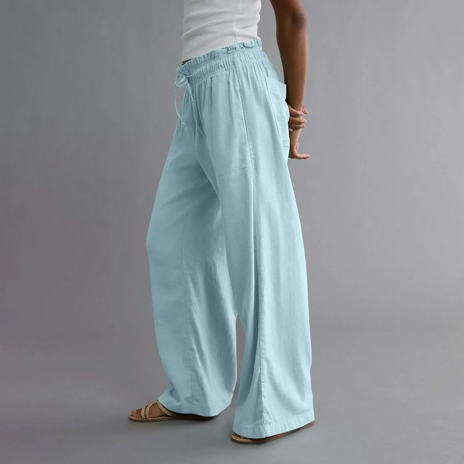 Summer Womens Flowy Pants Linen Loose Wide Leg Elastic Waist Palazzo Pants Casual Trendy Straight Leg Clothes Pockets