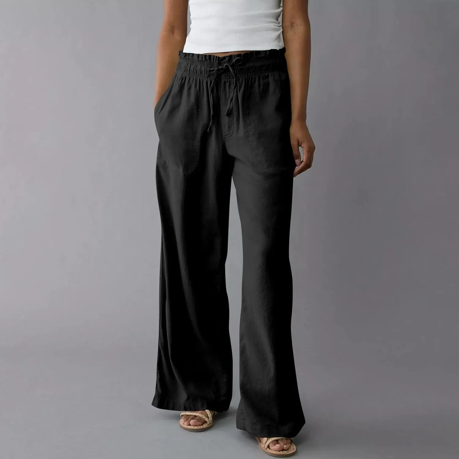 Summer Womens Flowy Pants Linen Loose Wide Leg Elastic Waist Palazzo Pants Casual Trendy Straight Leg Clothes Pockets