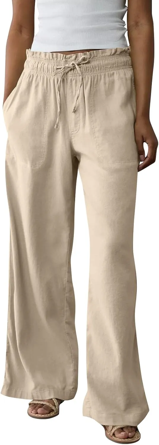 Summer Womens Flowy Pants Linen Loose Wide Leg Elastic Waist Palazzo Pants Casual Trendy Straight Leg Clothes Pockets