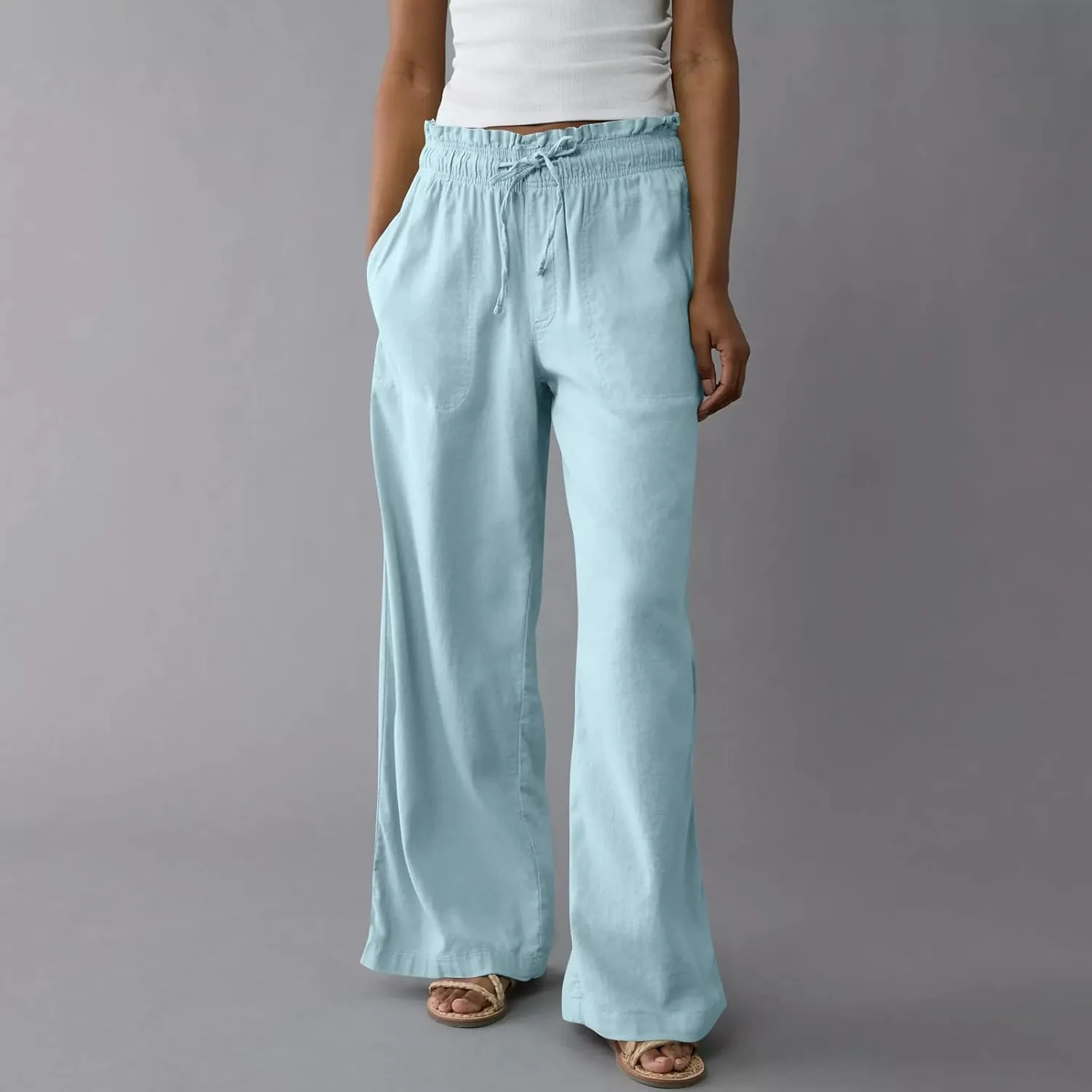 Summer Womens Flowy Pants Linen Loose Wide Leg Elastic Waist Palazzo Pants Casual Trendy Straight Leg Clothes Pockets