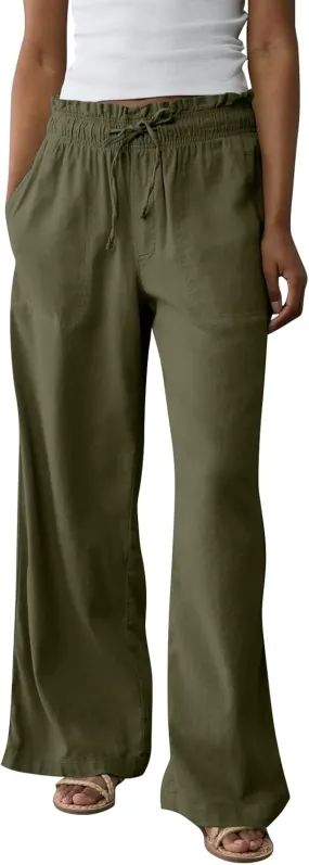 Summer Womens Flowy Pants Linen Loose Wide Leg Elastic Waist Palazzo Pants Casual Trendy Straight Leg Clothes Pockets