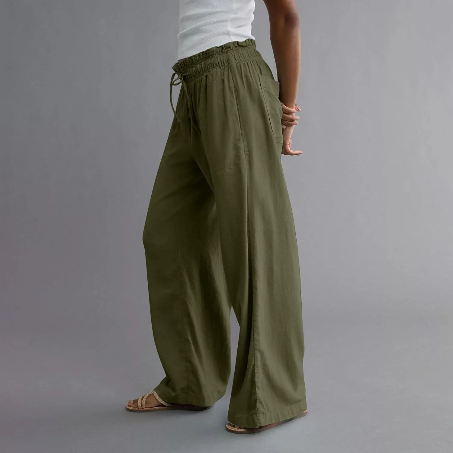 Summer Womens Flowy Pants Linen Loose Wide Leg Elastic Waist Palazzo Pants Casual Trendy Straight Leg Clothes Pockets