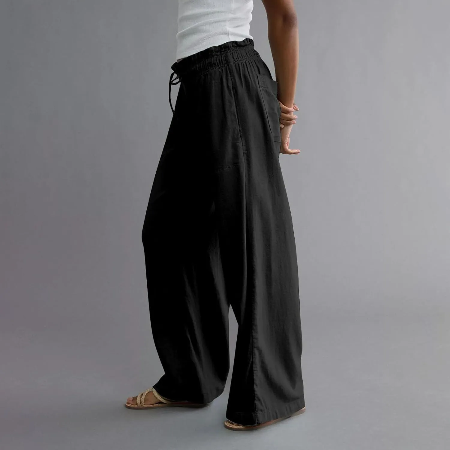 Summer Womens Flowy Pants Linen Loose Wide Leg Elastic Waist Palazzo Pants Casual Trendy Straight Leg Clothes Pockets