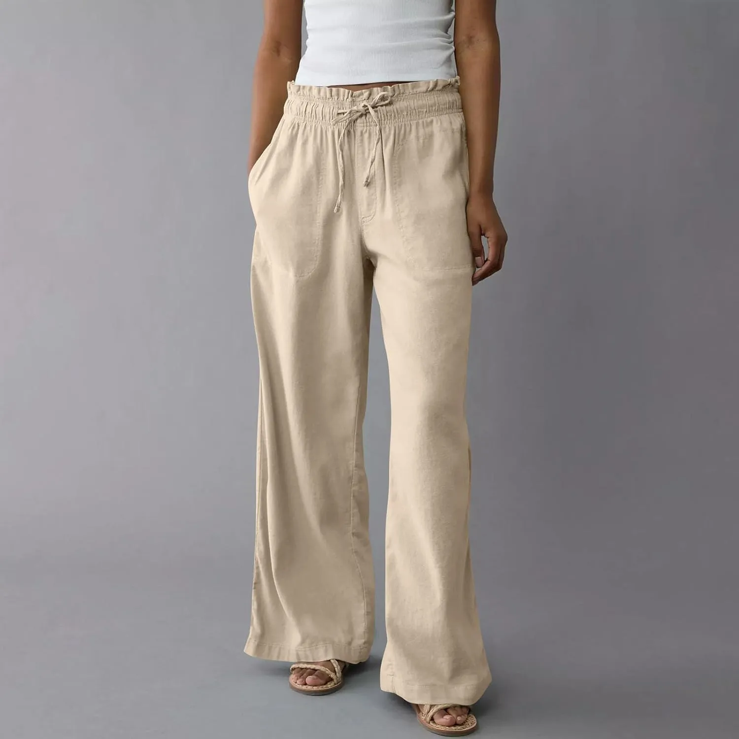 Summer Womens Flowy Pants Linen Loose Wide Leg Elastic Waist Palazzo Pants Casual Trendy Straight Leg Clothes Pockets