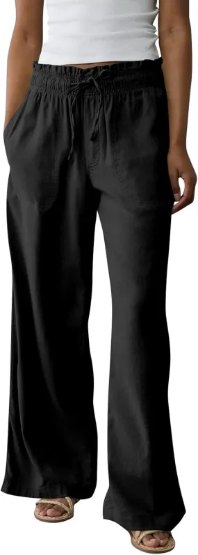 Summer Womens Flowy Pants Linen Loose Wide Leg Elastic Waist Palazzo Pants Casual Trendy Straight Leg Clothes Pockets
