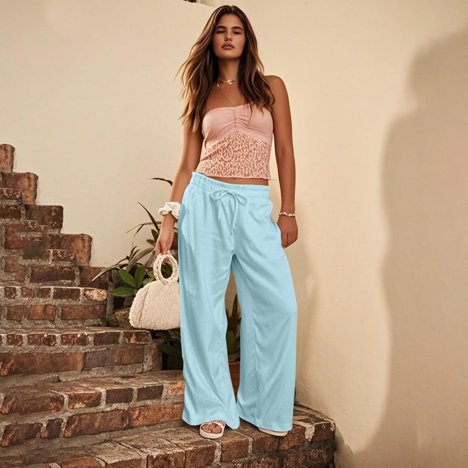 Summer Womens Flowy Pants Linen Loose Wide Leg Elastic Waist Palazzo Pants Casual Trendy Straight Leg Clothes Pockets