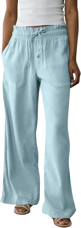 Summer Womens Flowy Pants Linen Loose Wide Leg Elastic Waist Palazzo Pants Casual Trendy Straight Leg Clothes Pockets