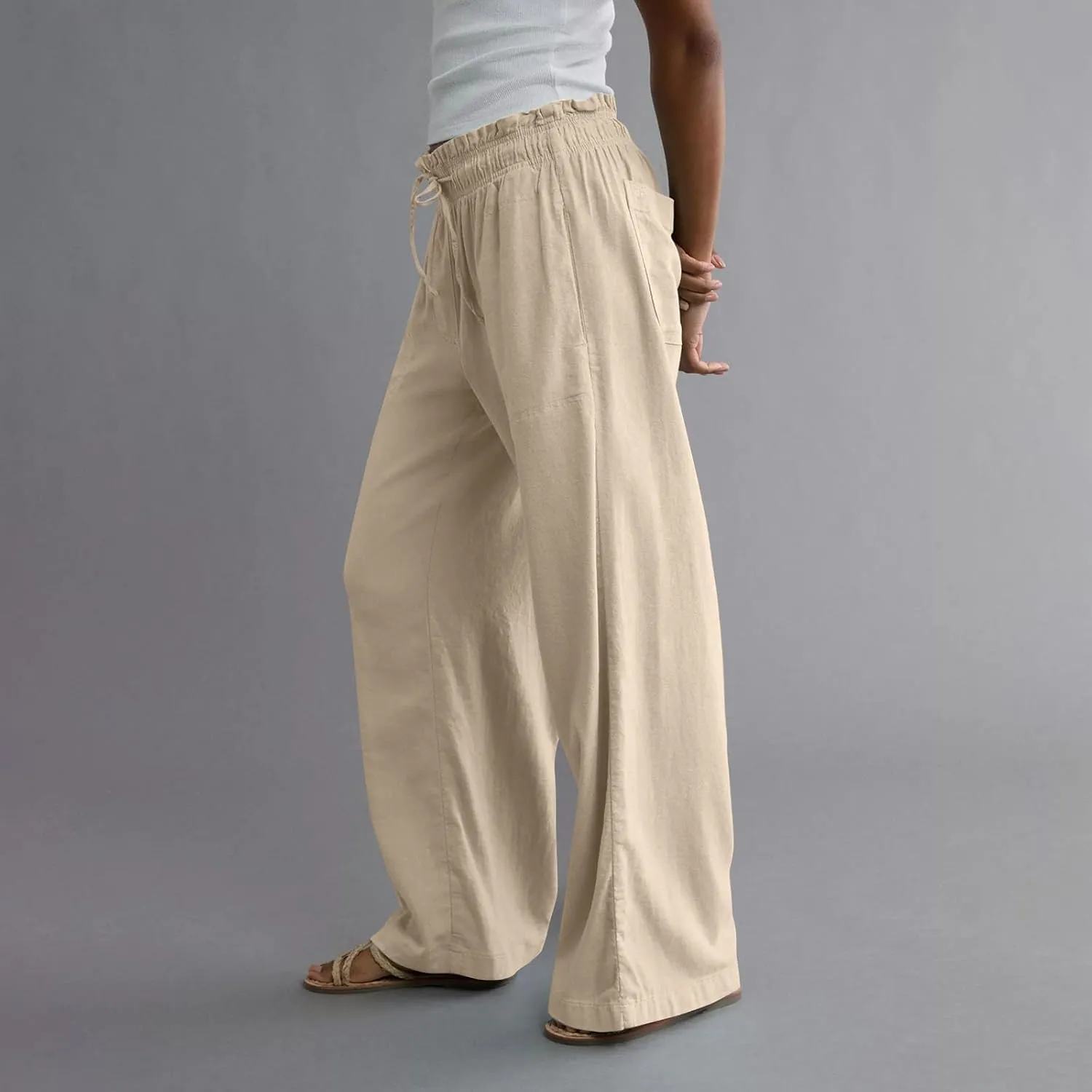 Summer Womens Flowy Pants Linen Loose Wide Leg Elastic Waist Palazzo Pants Casual Trendy Straight Leg Clothes Pockets