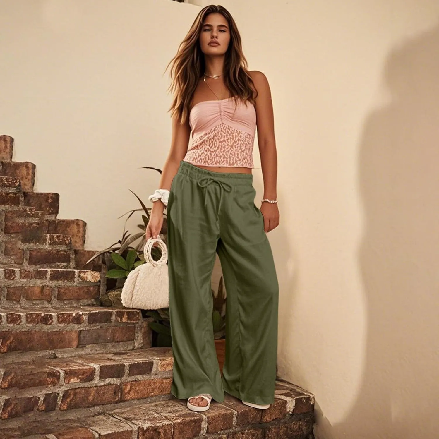 Summer Womens Flowy Pants Linen Loose Wide Leg Elastic Waist Palazzo Pants Casual Trendy Straight Leg Clothes Pockets