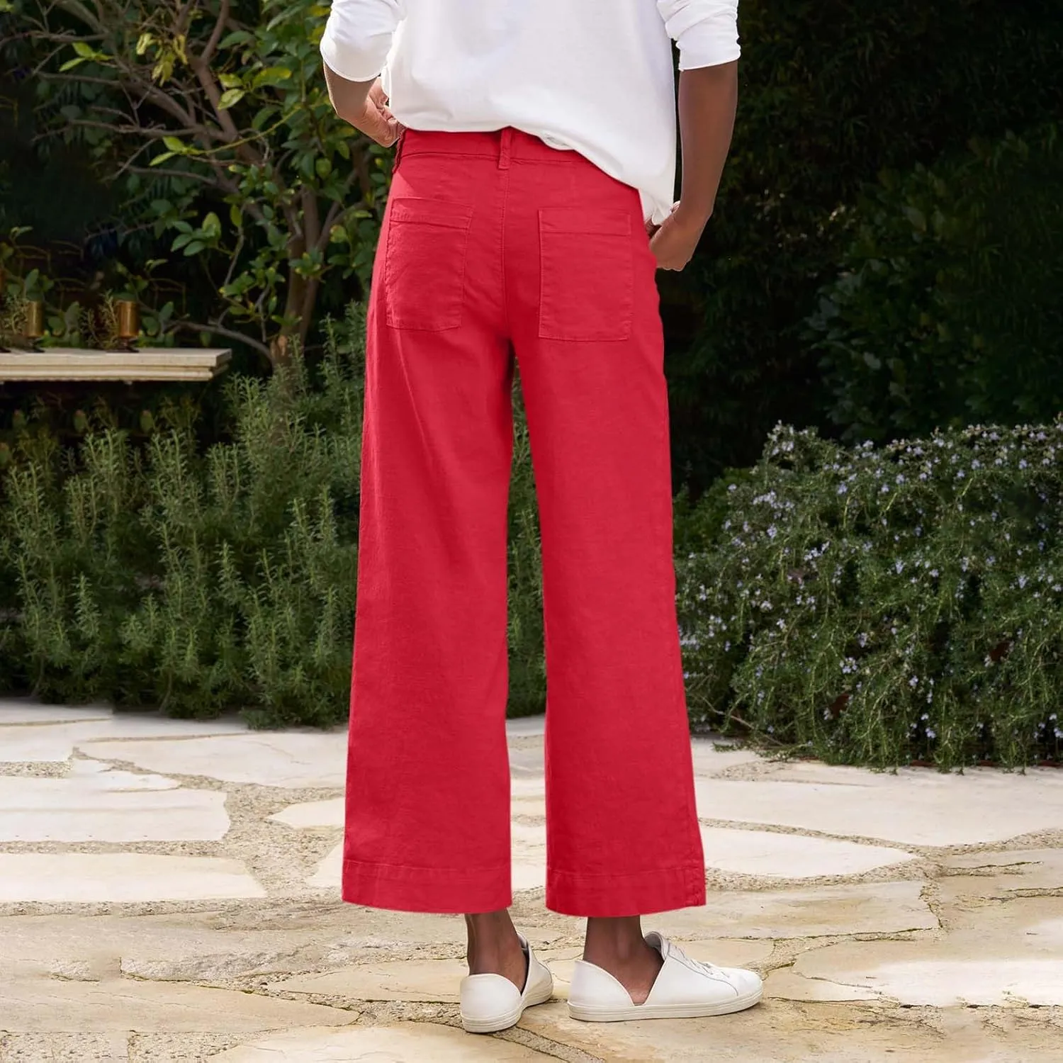 Summer Womens Linen Pants Beach Wide Leg High Waist Elastic Waistd Palazzo Pants Soft Straight Leg Outfits with Pockets