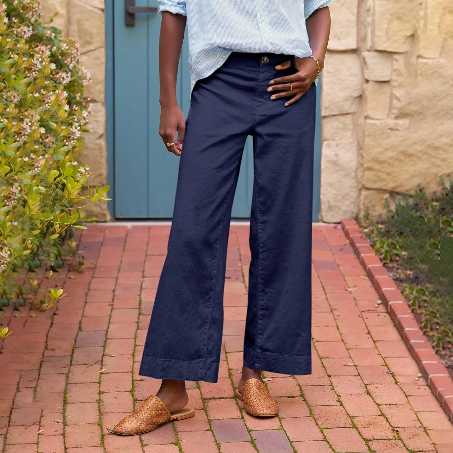 Summer Womens Linen Pants Beach Wide Leg High Waist Elastic Waistd Palazzo Pants Soft Straight Leg Outfits with Pockets