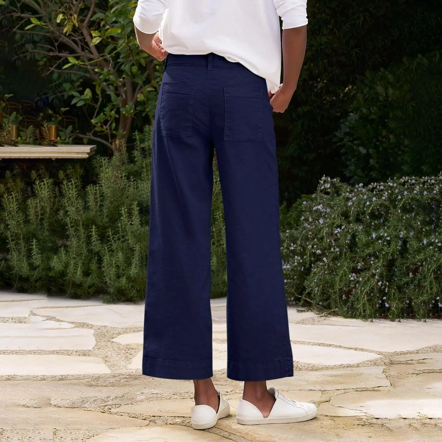 Summer Womens Linen Pants Beach Wide Leg High Waist Elastic Waistd Palazzo Pants Soft Straight Leg Outfits with Pockets