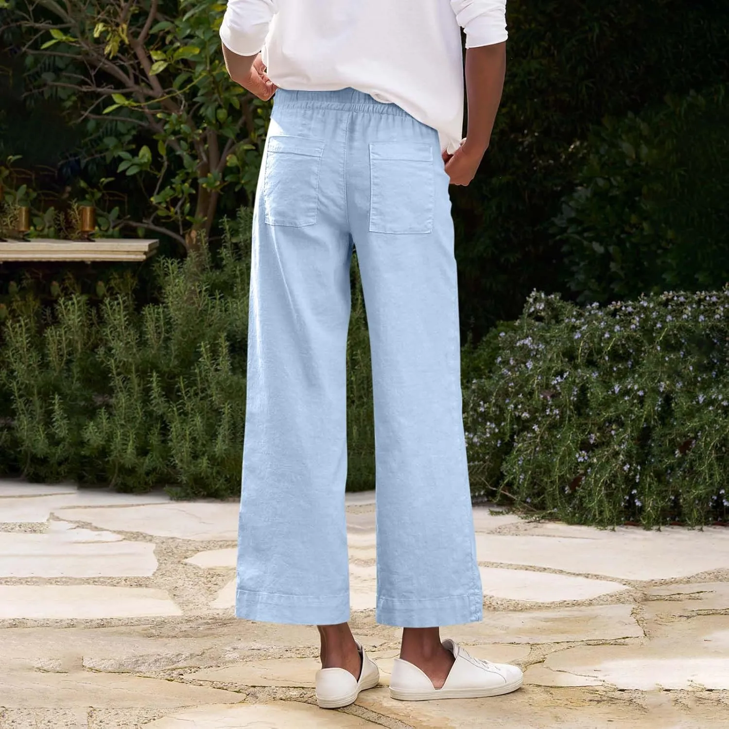 Summer Womens Linen Pants Beach Wide Leg High Waist Elastic Waistd Palazzo Pants Soft Straight Leg Outfits with Pockets