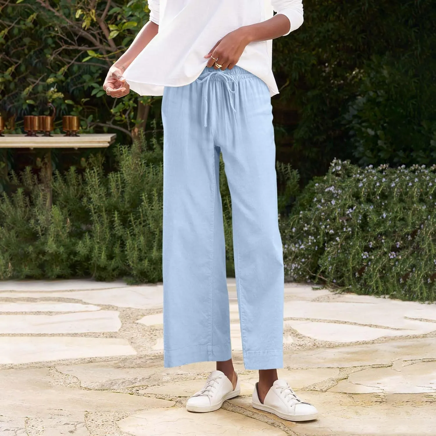 Summer Womens Linen Pants Beach Wide Leg High Waist Elastic Waistd Palazzo Pants Soft Straight Leg Outfits with Pockets