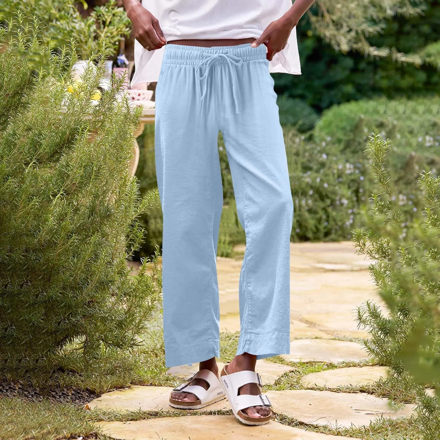 Summer Womens Linen Pants Beach Wide Leg High Waist Elastic Waistd Palazzo Pants Soft Straight Leg Outfits with Pockets