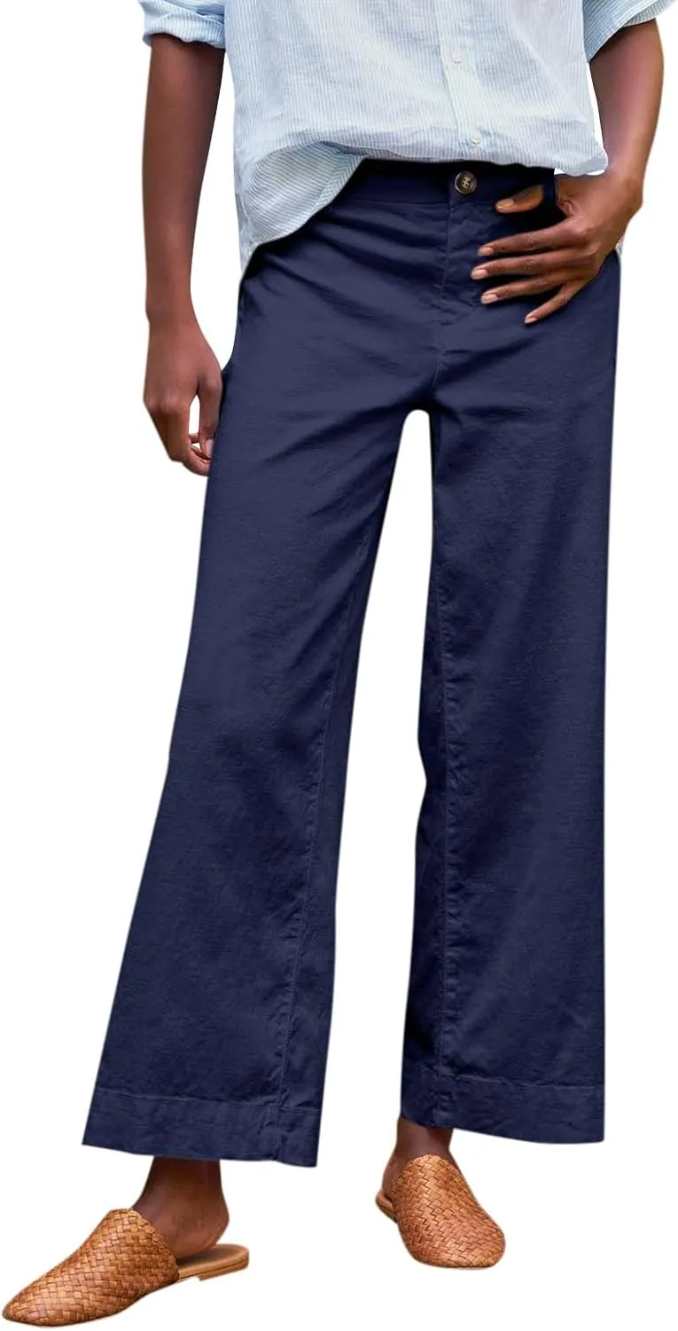 Summer Womens Linen Pants Beach Wide Leg High Waist Elastic Waistd Palazzo Pants Soft Straight Leg Outfits with Pockets