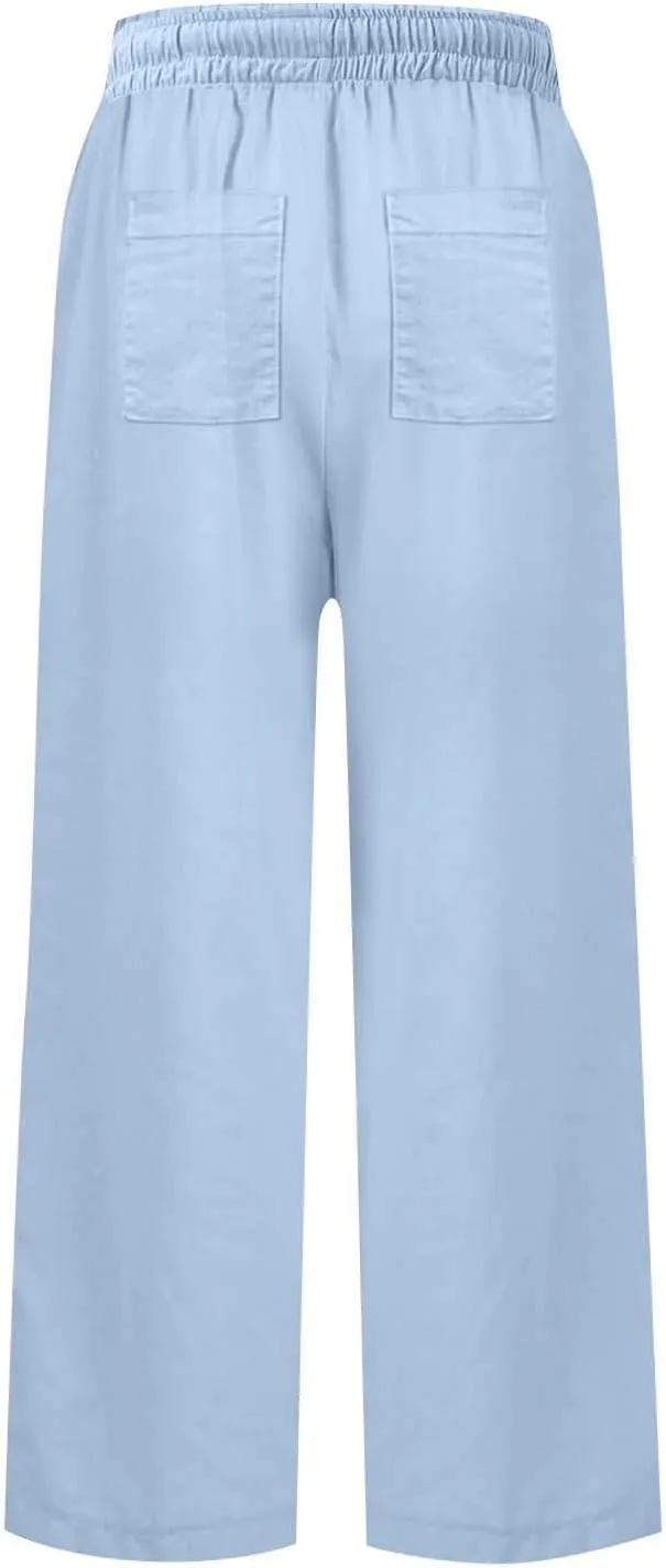 Summer Womens Linen Pants Beach Wide Leg High Waist Elastic Waistd Palazzo Pants Soft Straight Leg Outfits with Pockets
