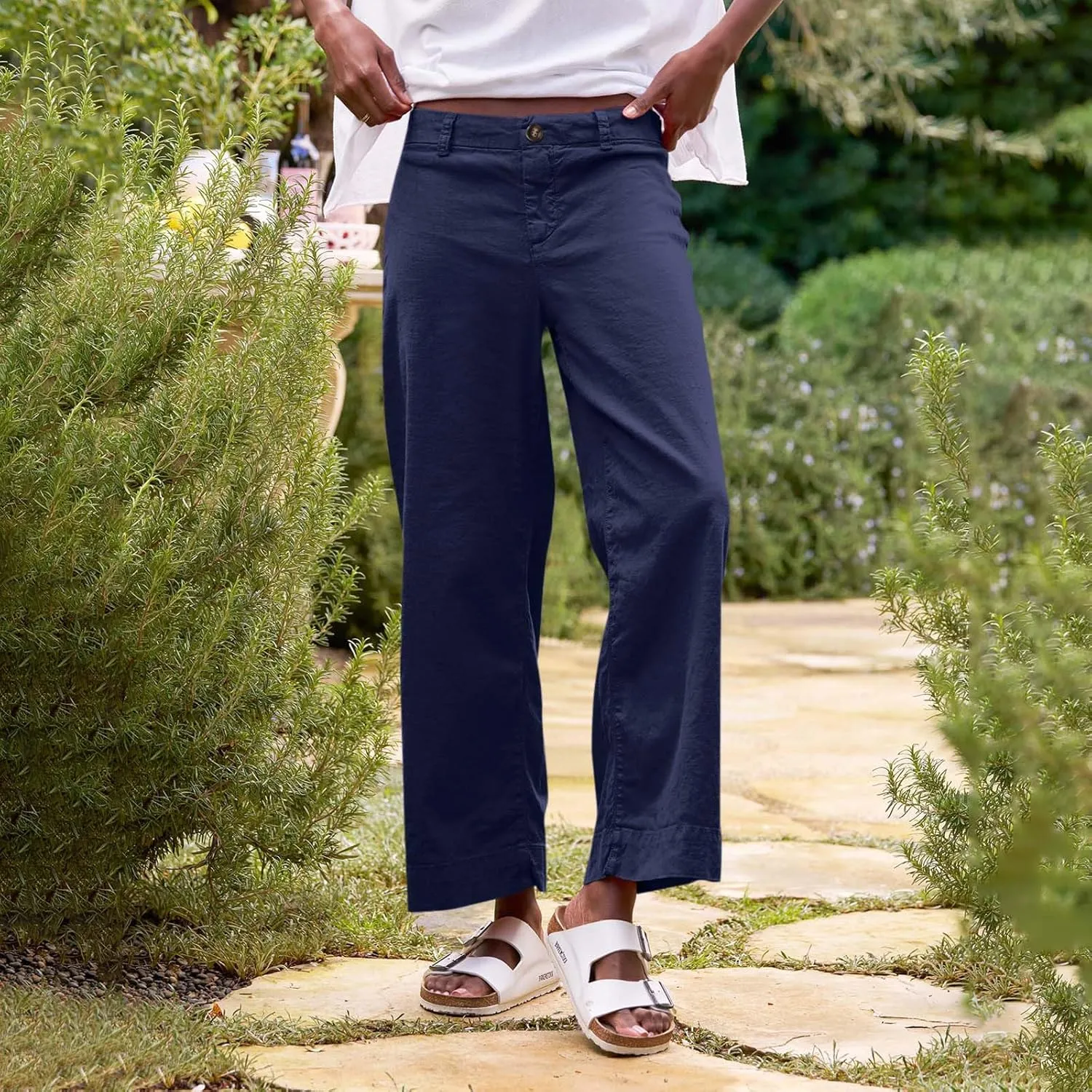 Summer Womens Linen Pants Beach Wide Leg High Waist Elastic Waistd Palazzo Pants Soft Straight Leg Outfits with Pockets