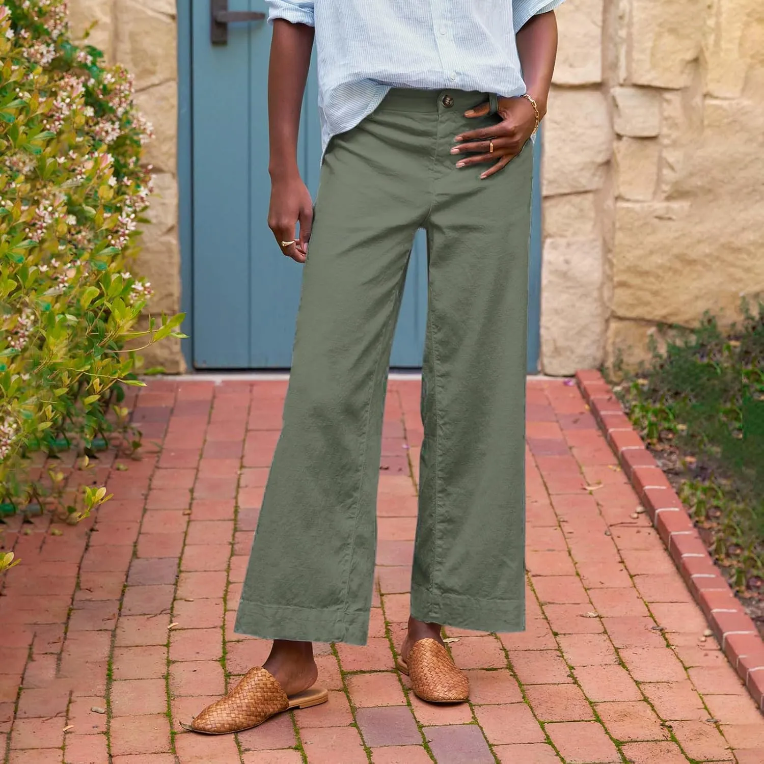 Summer Womens Linen Pants Beach Wide Leg High Waist Elastic Waistd Palazzo Pants Soft Straight Leg Outfits with Pockets