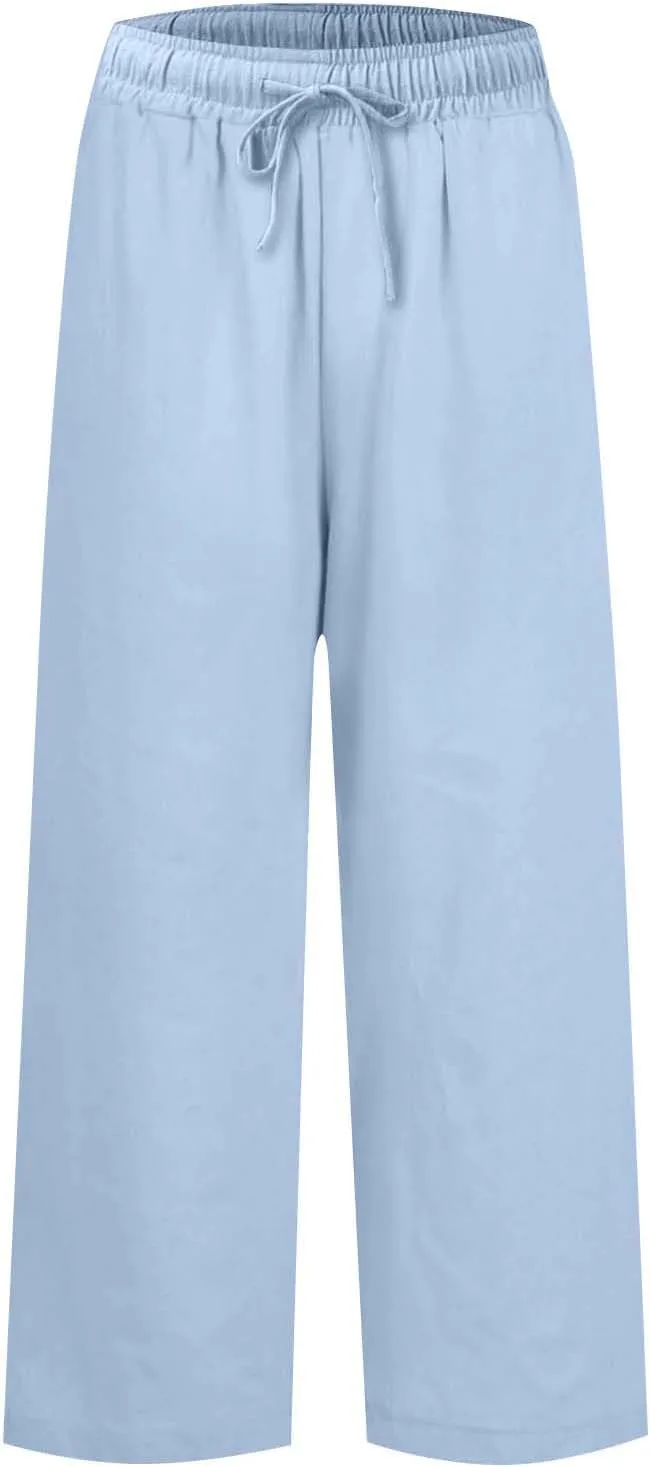 Summer Womens Linen Pants Beach Wide Leg High Waist Elastic Waistd Palazzo Pants Soft Straight Leg Outfits with Pockets