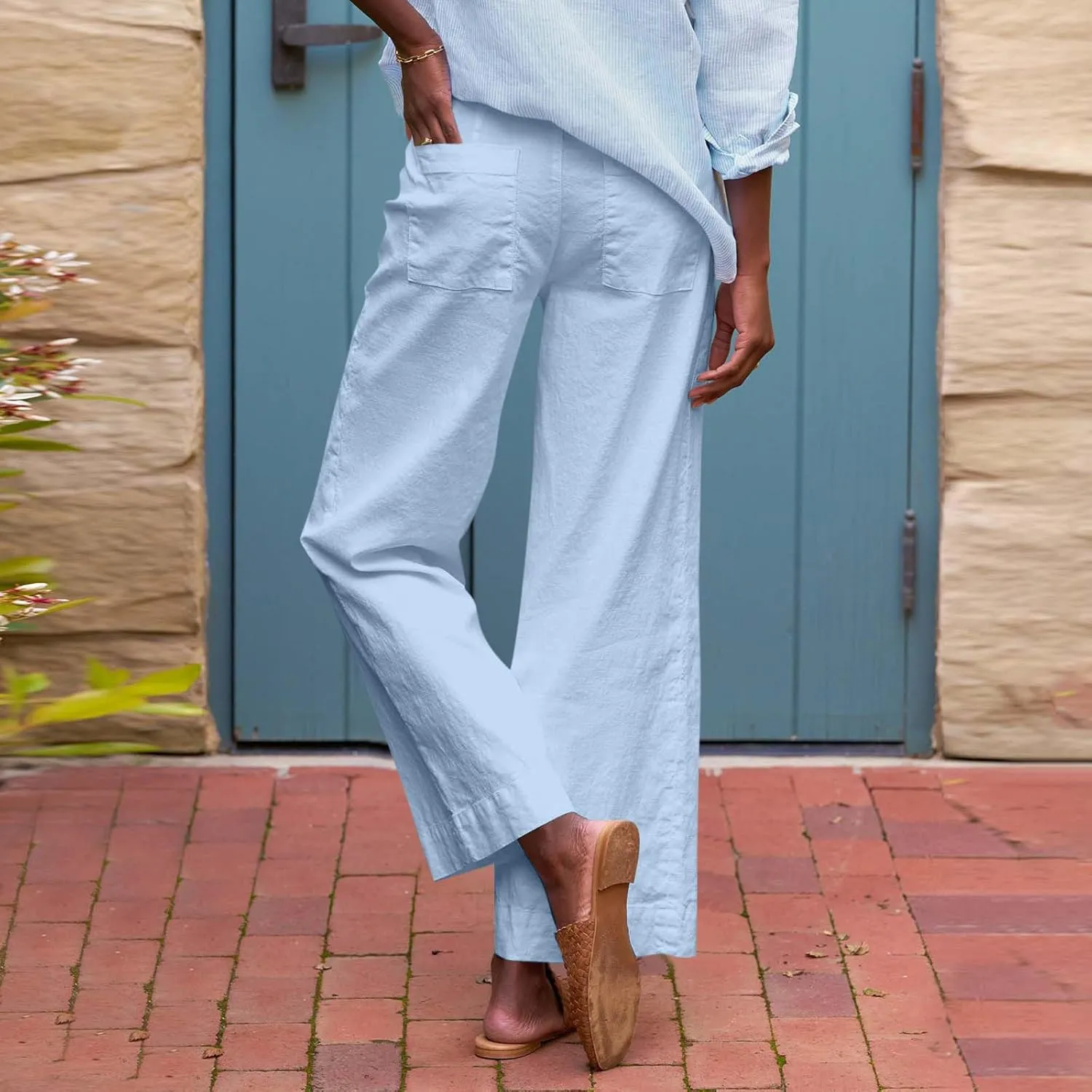 Summer Womens Linen Pants Beach Wide Leg High Waist Elastic Waistd Palazzo Pants Soft Straight Leg Outfits with Pockets