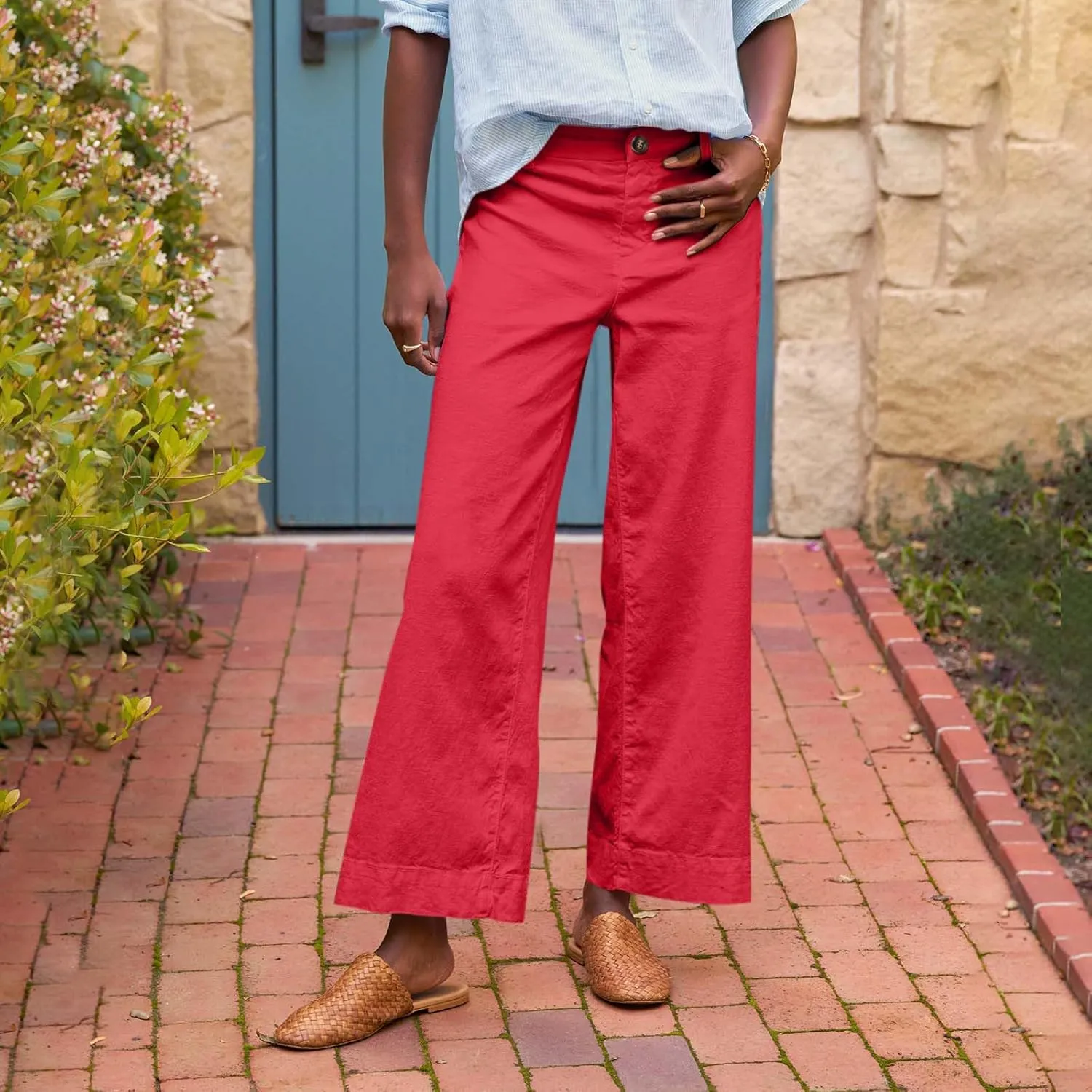 Summer Womens Linen Pants Beach Wide Leg High Waist Elastic Waistd Palazzo Pants Soft Straight Leg Outfits with Pockets