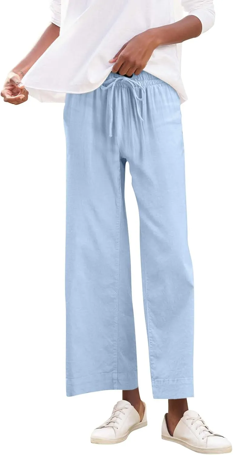 Summer Womens Linen Pants Beach Wide Leg High Waist Elastic Waistd Palazzo Pants Soft Straight Leg Outfits with Pockets