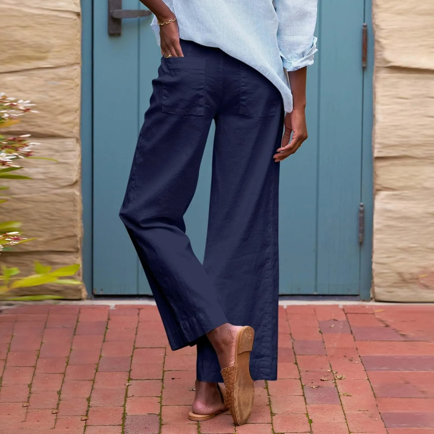 Summer Womens Linen Pants Beach Wide Leg High Waist Elastic Waistd Palazzo Pants Soft Straight Leg Outfits with Pockets