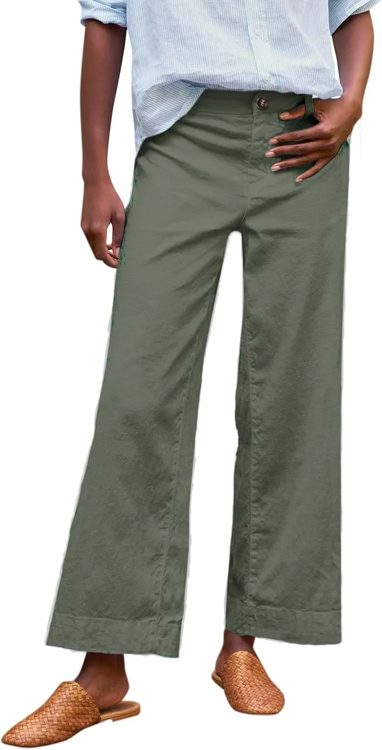 Summer Womens Linen Pants Beach Wide Leg High Waist Elastic Waistd Palazzo Pants Soft Straight Leg Outfits with Pockets