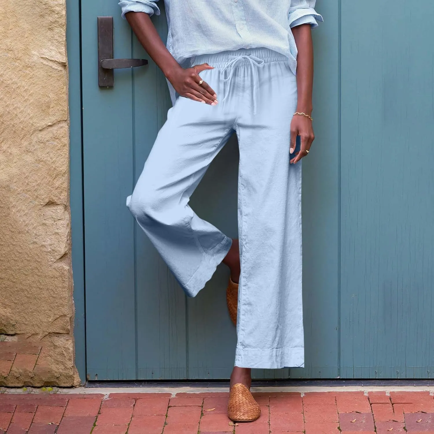 Summer Womens Linen Pants Beach Wide Leg High Waist Elastic Waistd Palazzo Pants Soft Straight Leg Outfits with Pockets