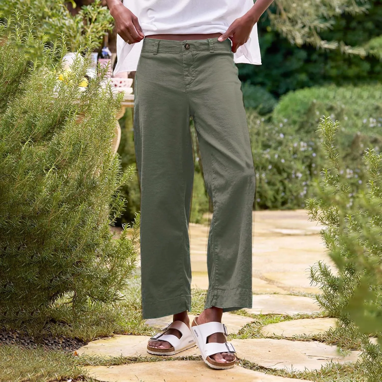 Summer Womens Linen Pants Beach Wide Leg High Waist Elastic Waistd Palazzo Pants Soft Straight Leg Outfits with Pockets