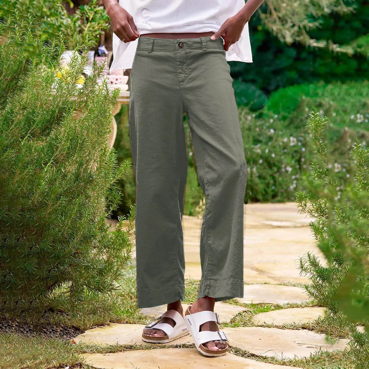 Summer Womens Linen Pants Beach Wide Leg High Waist Elastic Waistd Palazzo Pants Soft Straight Leg Outfits with Pockets