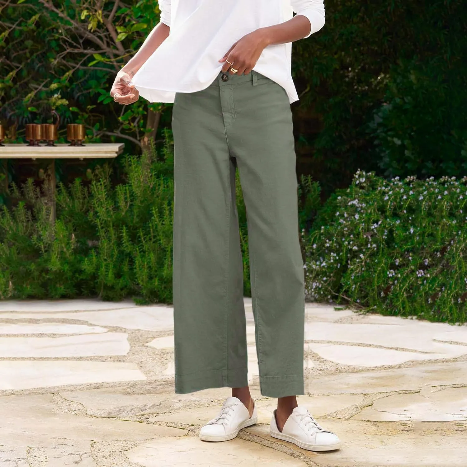 Summer Womens Linen Pants Beach Wide Leg High Waist Elastic Waistd Palazzo Pants Soft Straight Leg Outfits with Pockets