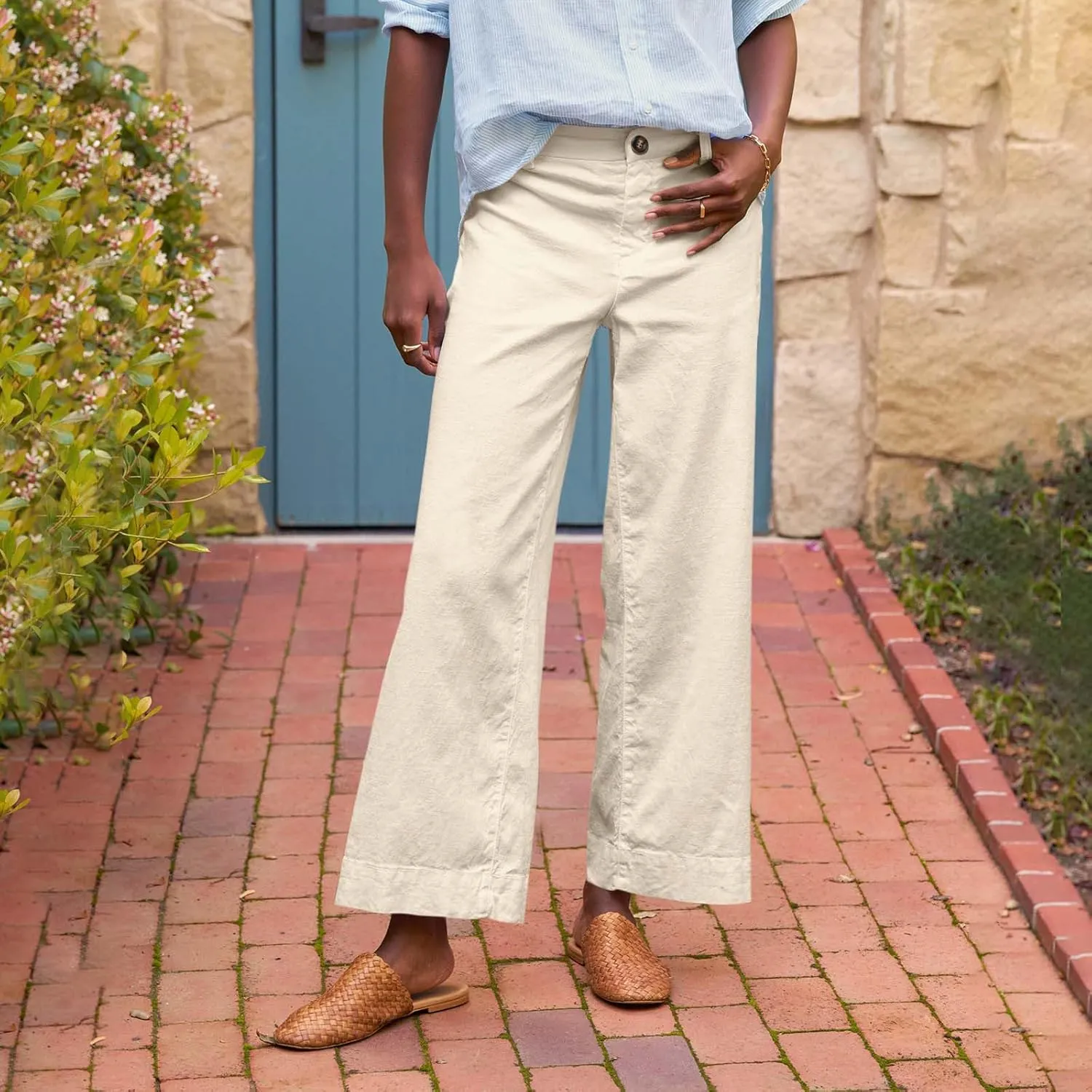 Summer Womens Linen Pants Beach Wide Leg High Waist Elastic Waistd Palazzo Pants Soft Straight Leg Outfits with Pockets
