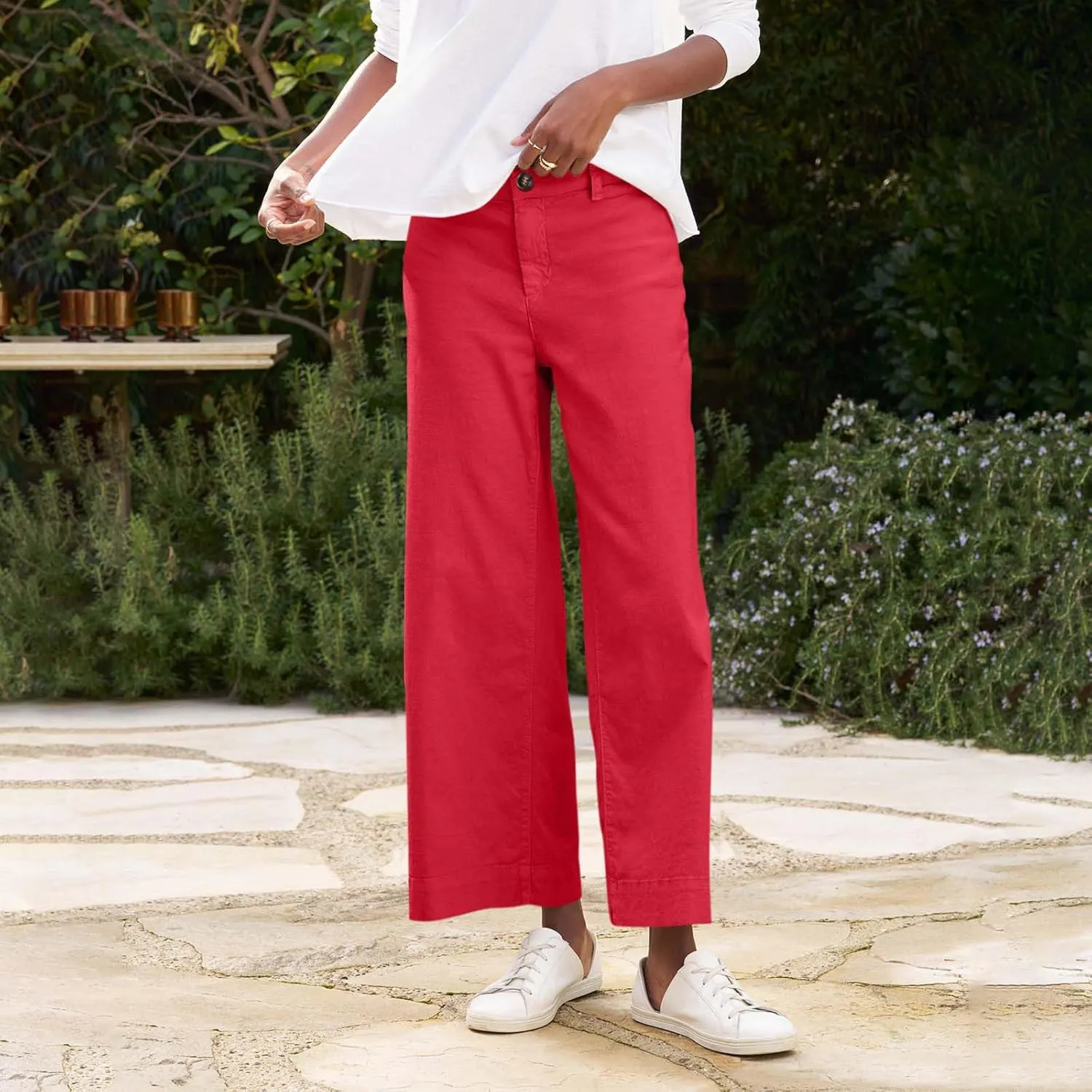 Summer Womens Linen Pants Beach Wide Leg High Waist Elastic Waistd Palazzo Pants Soft Straight Leg Outfits with Pockets