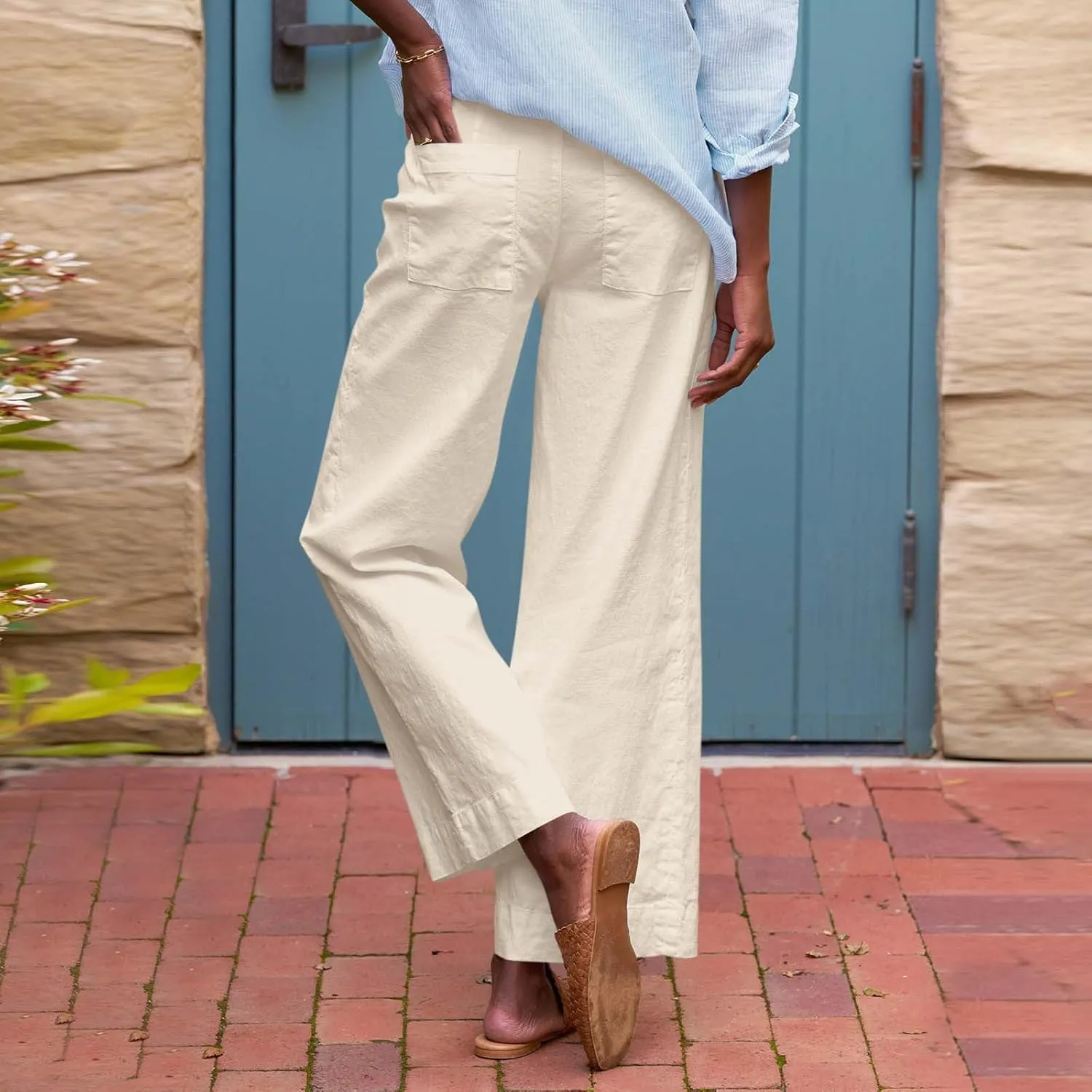 Summer Womens Linen Pants Beach Wide Leg High Waist Elastic Waistd Palazzo Pants Soft Straight Leg Outfits with Pockets