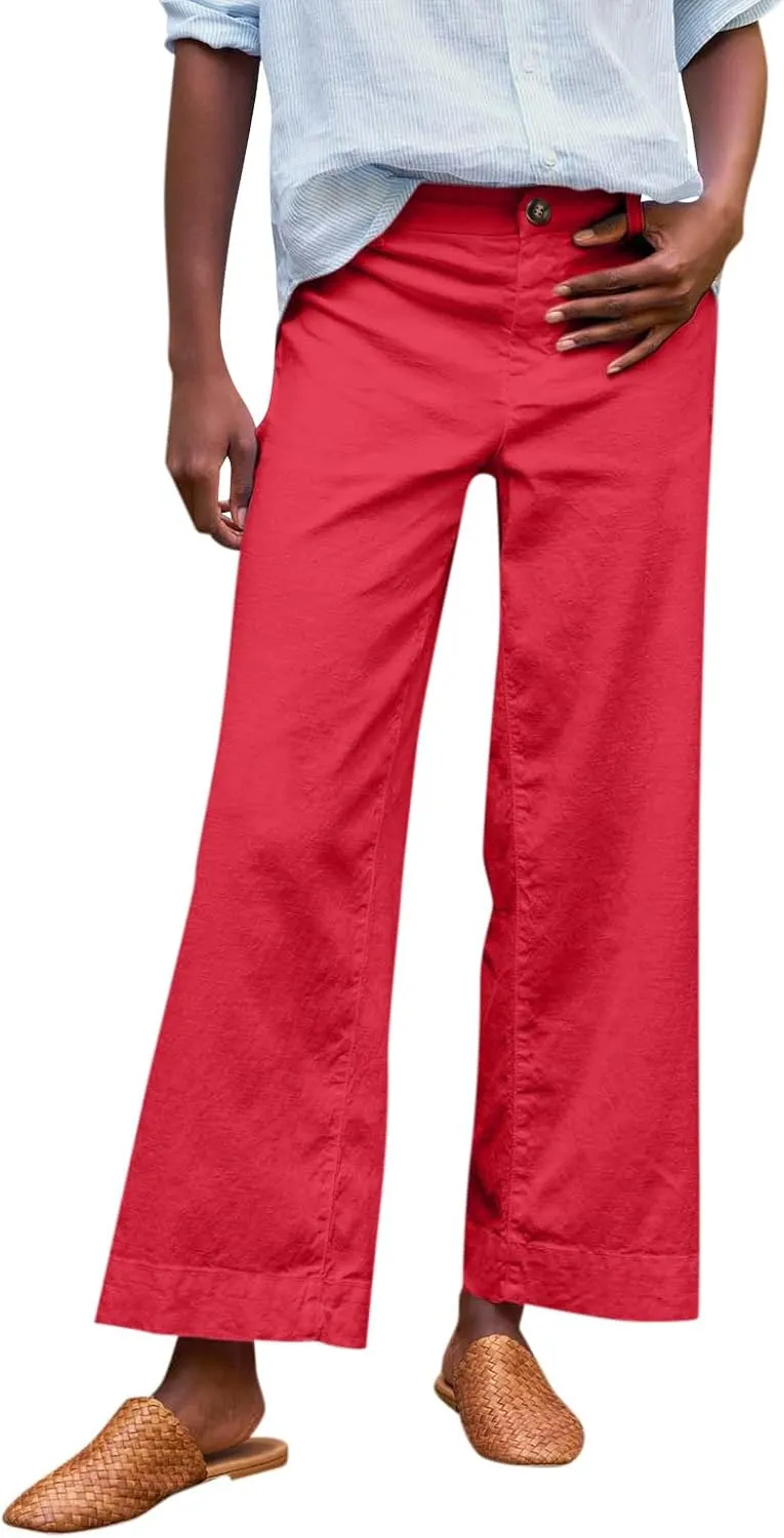 Summer Womens Linen Pants Beach Wide Leg High Waist Elastic Waistd Palazzo Pants Soft Straight Leg Outfits with Pockets