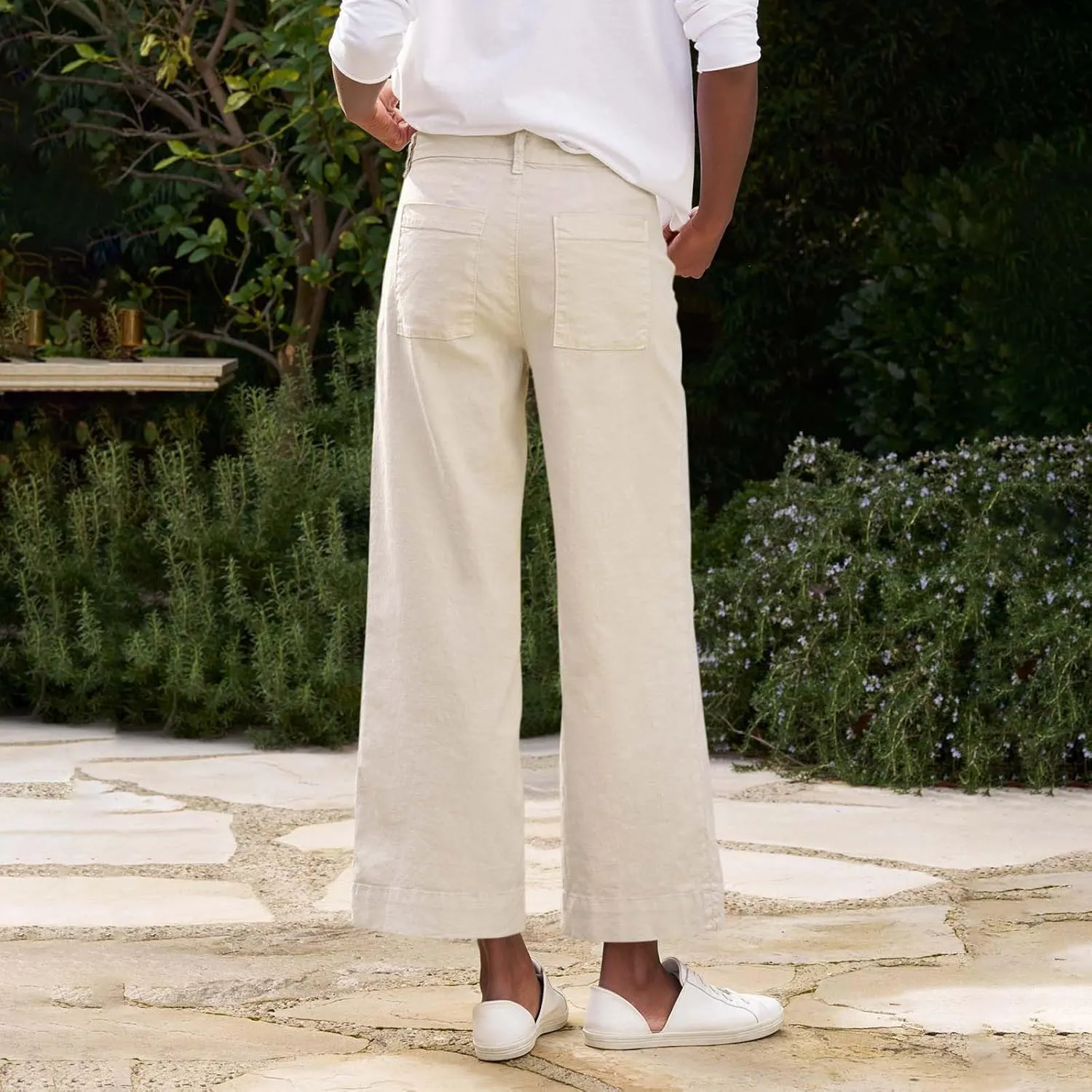Summer Womens Linen Pants Beach Wide Leg High Waist Elastic Waistd Palazzo Pants Soft Straight Leg Outfits with Pockets