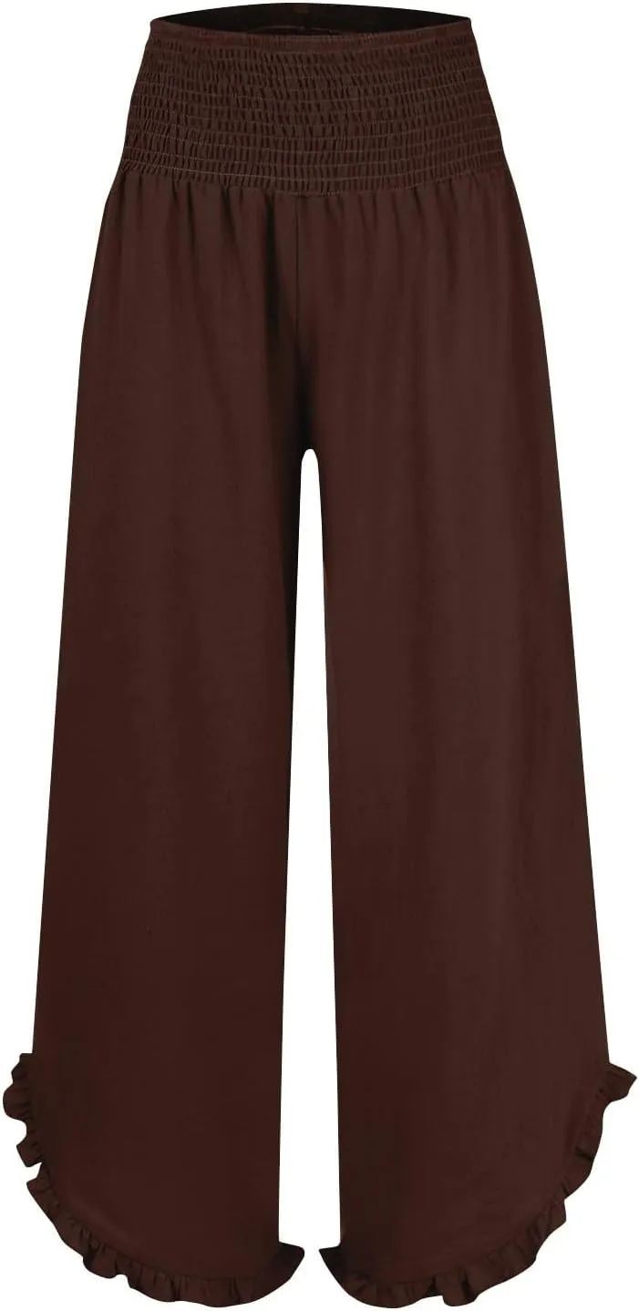 Summer Womens Pants Linen Flowy Wide Leg High Waist Palazzo Boho Pants 2025 Fashion Smocked Ruffle Hem Trousers Pockets