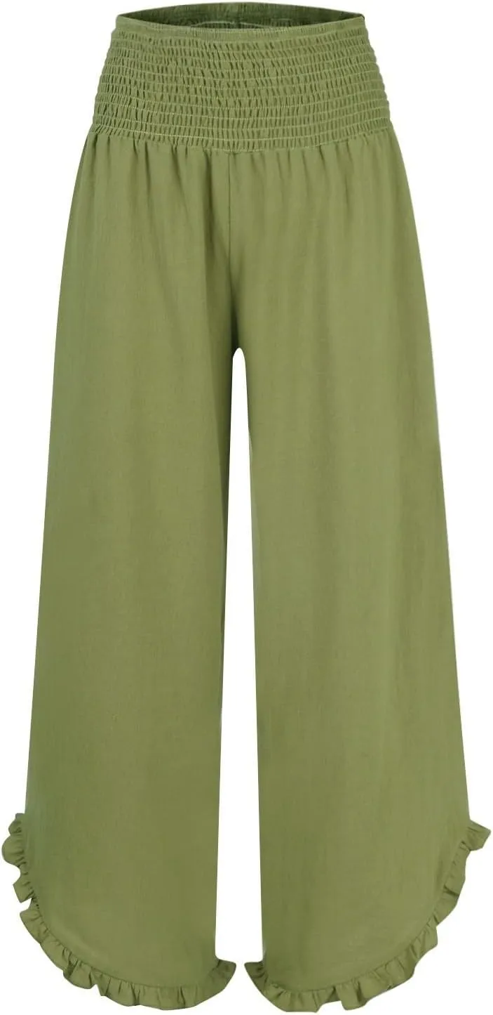 Summer Womens Pants Linen Flowy Wide Leg High Waist Palazzo Boho Pants 2025 Fashion Smocked Ruffle Hem Trousers Pockets
