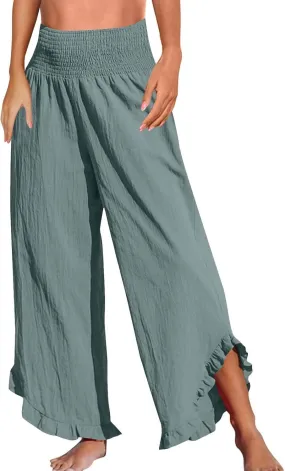 Summer Womens Pants Linen Flowy Wide Leg High Waist Palazzo Boho Pants 2025 Fashion Smocked Ruffle Hem Trousers Pockets