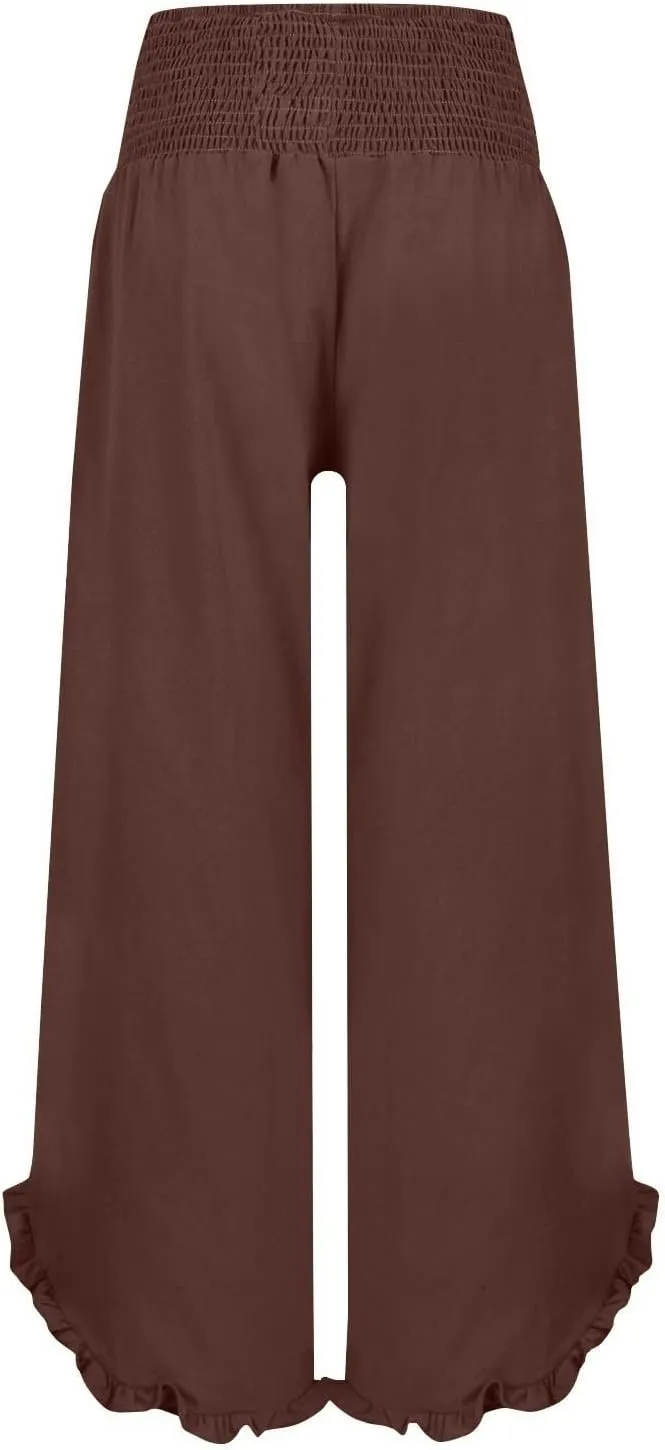 Summer Womens Pants Linen Flowy Wide Leg High Waist Palazzo Boho Pants 2025 Fashion Smocked Ruffle Hem Trousers Pockets