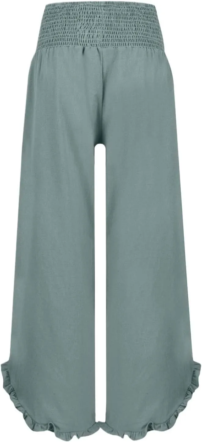 Summer Womens Pants Linen Flowy Wide Leg High Waist Palazzo Boho Pants 2025 Fashion Smocked Ruffle Hem Trousers Pockets