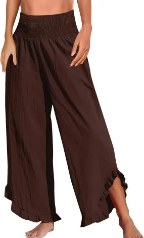 Summer Womens Pants Linen Flowy Wide Leg High Waist Palazzo Boho Pants 2025 Fashion Smocked Ruffle Hem Trousers Pockets