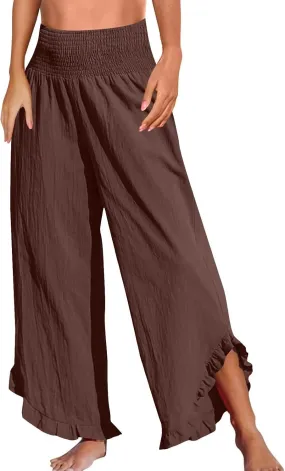 Summer Womens Pants Linen Flowy Wide Leg High Waist Palazzo Boho Pants 2025 Fashion Smocked Ruffle Hem Trousers Pockets